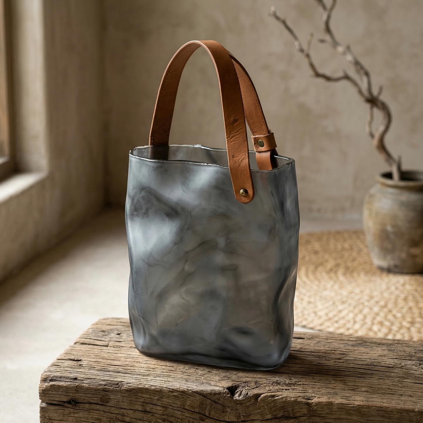 Saddle-Strapped Smoked Glass Tote Vase