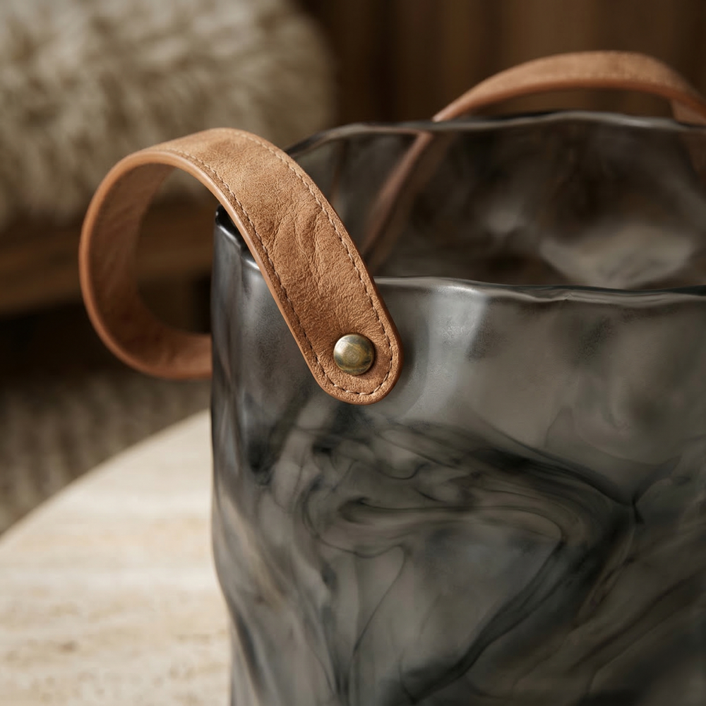 Saddle-Strapped Smoked Glass Tote Vase