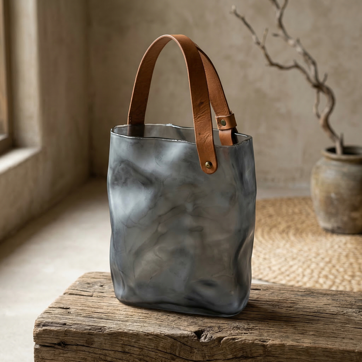 Saddle-Strapped Smoked Glass Tote Vase