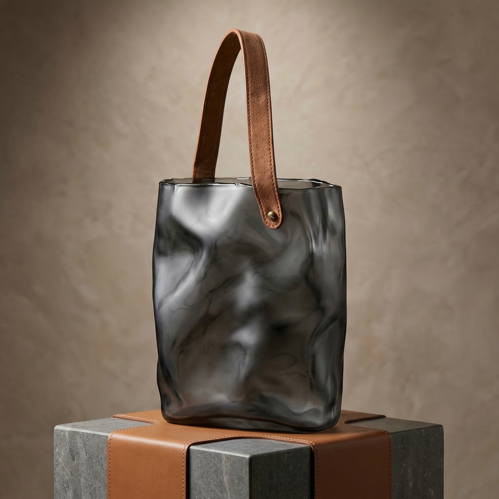 Saddle-Strapped Smoked Glass Tote Vase