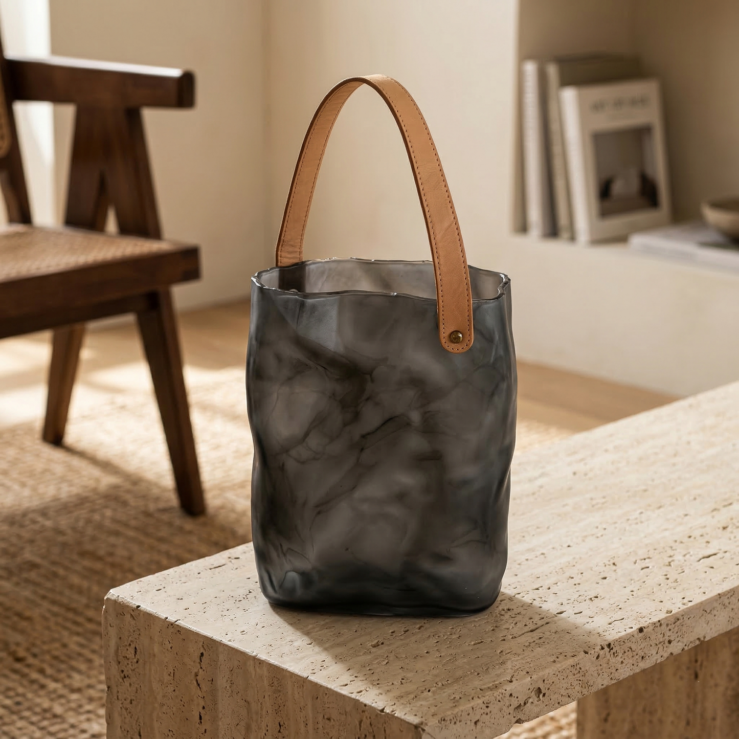 Saddle-Strapped Smoked Glass Tote Vase